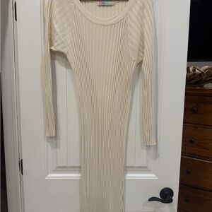 Long Sleeve Ribbed Midi Dress in Cream